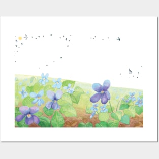 Wild Violet Hill & Swallows Illustration Posters and Art